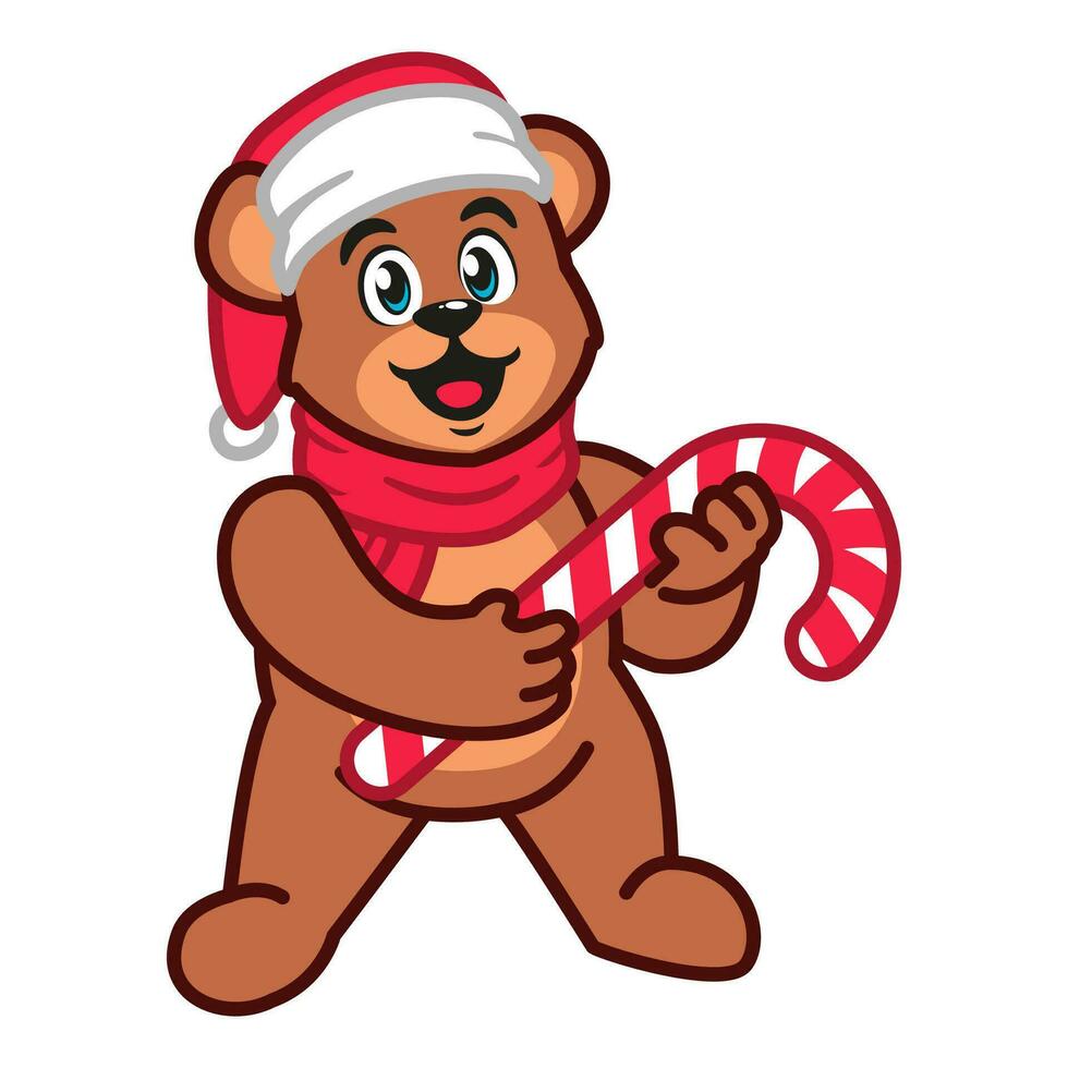 een schattig teddy beer vervelend een Kerstmis hoed en sjaal Holding een snoep riet vector