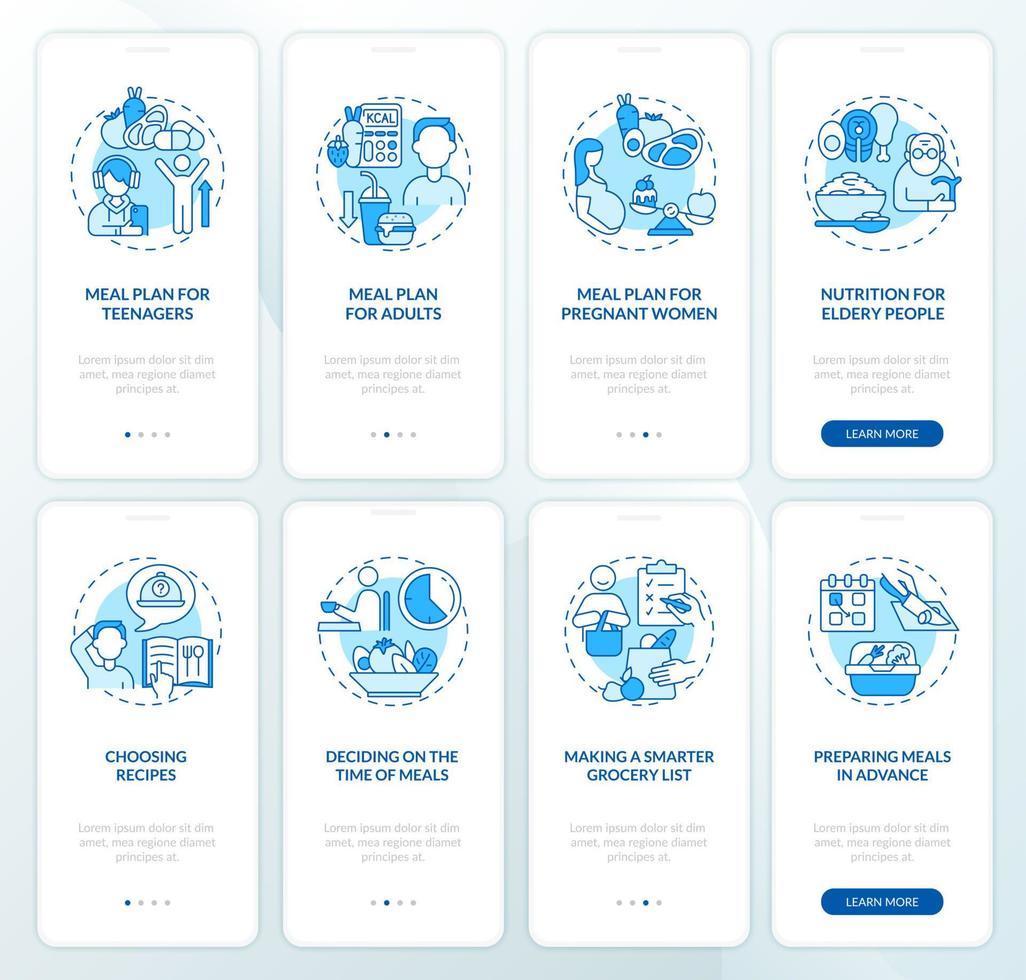 maaltijdplan en dieetgerelateerde blauwe onboarding mobiele app-paginaschermset vector