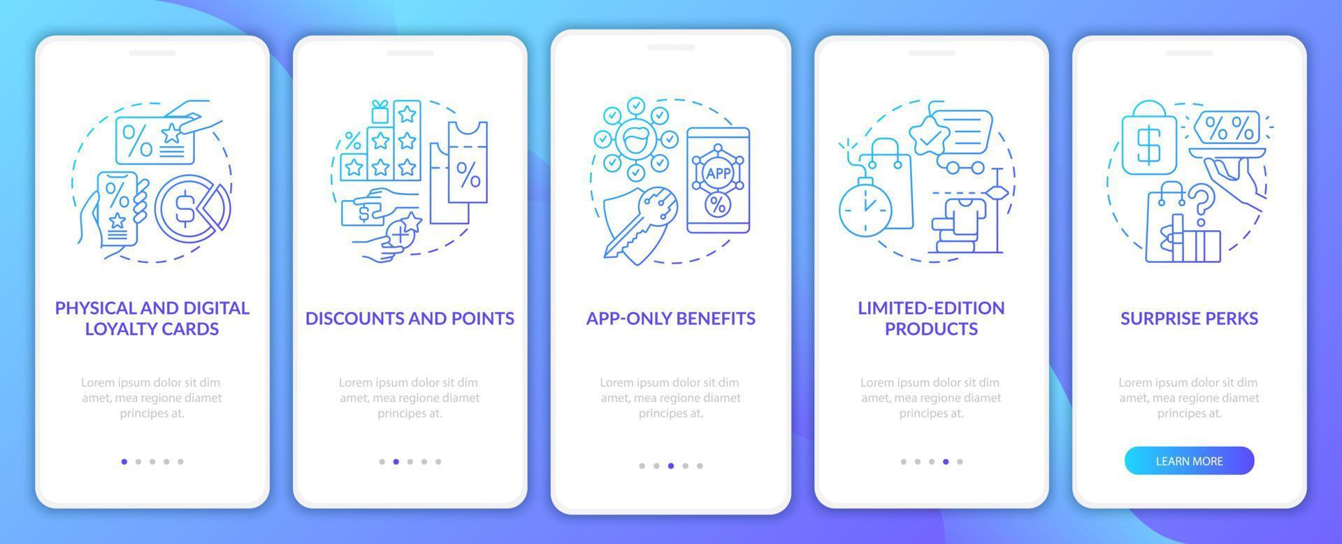 supermarkt loyaliteitsprogramma blauwe gradiënt onboarding mobiele app paginascherm vector