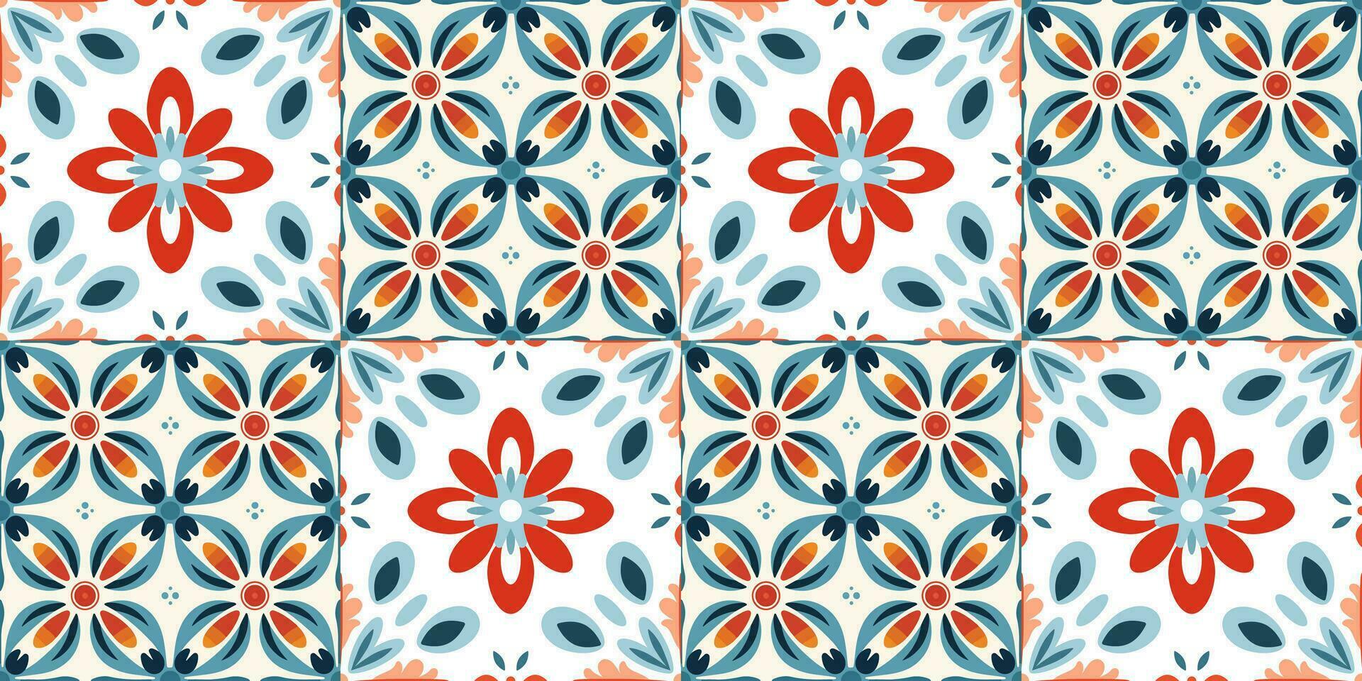 Scandinavisch stijl tegel in blauw en rood kleuren. etnisch vector naadloos bloemen patroon. abstract plein meetkundig swatch voor omhulsel papier, binnen- decor, of kleding stof