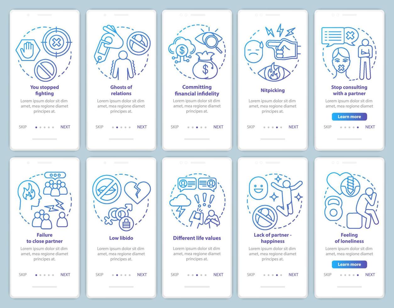 relatie in problemen bij onboarding van mobiele app-paginascherm met lineaire concepten ingesteld vector
