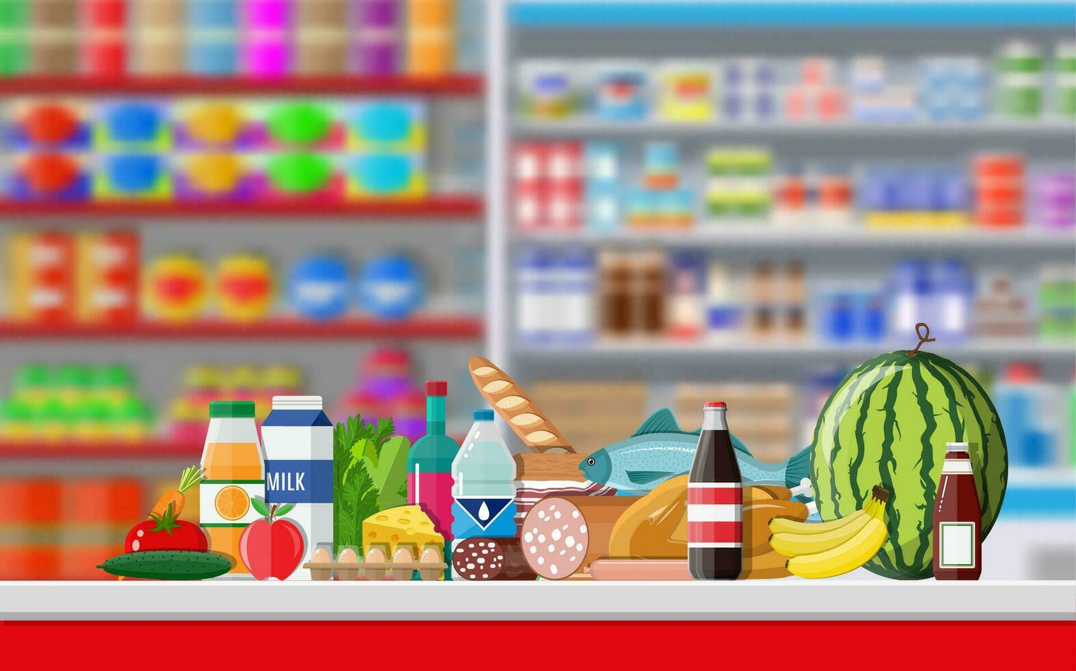 supermarkt op te slaan interieur met goederen. groot boodschappen doen winkelcentrum. interieur op te slaan binnen. uitchecken balie, boodschap, drankjes, voedsel, fruit, zuivel producten. vector illustratie in vlak stijl