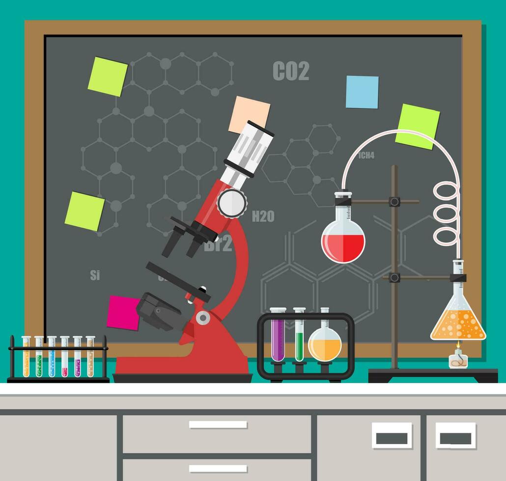 laboratorium apparatuur, potten, bekers, kolven, microscoop, agenda bord, geest lamp Aan tafel. biologie wetenschap onderwijs medisch vector illustratie in vlak stijl