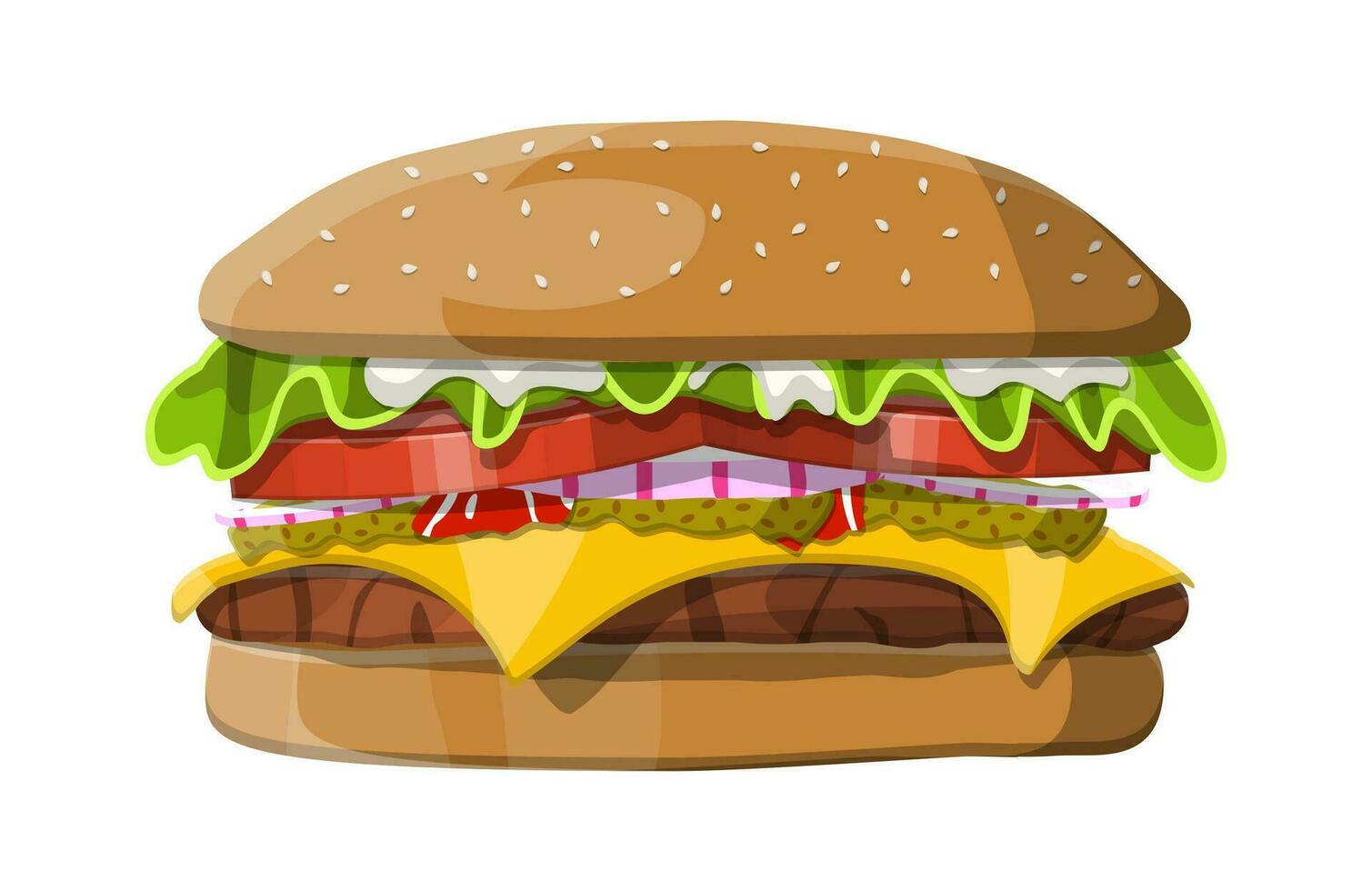 smakelijk hamburger geïsoleerd Aan wit. hamburger met ui, gezouten komkommer, salade, tomaten, kaas, saus, bun met sesam zaden en rundvlees kotelet. snel voedsel. vector illustratie.