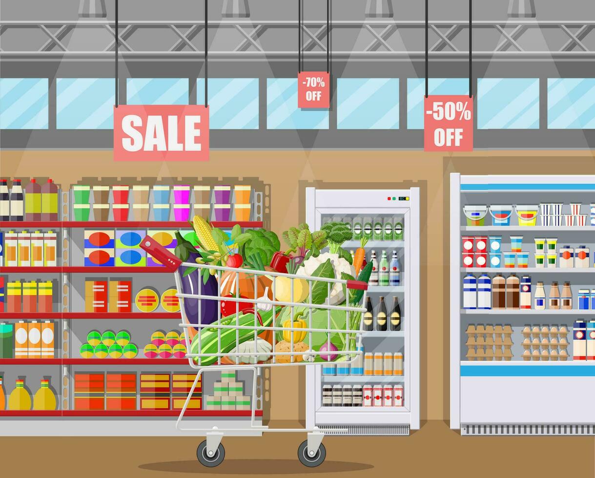 supermarkt op te slaan interieur met groenten in boodschappen doen kar. groot boodschappen doen winkelcentrum. interieur op te slaan binnen. uitchecken balie, boodschap, drankjes, voedsel, zuivel producten. vector illustratie in vlak stijl