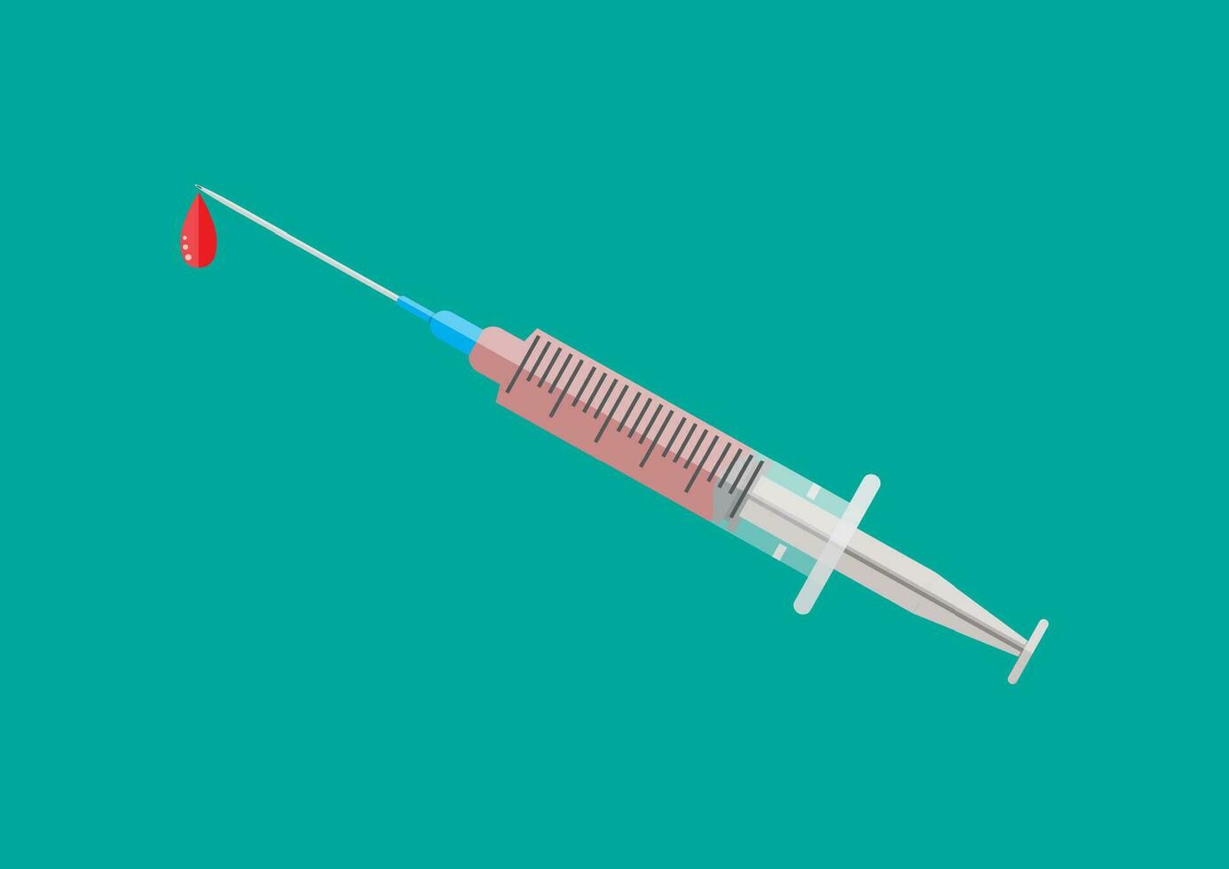 medisch plastic injectiespuit met rood vloeistof. medisch apparatuur. gezondheidszorg. vector illustratie in vlak stijl