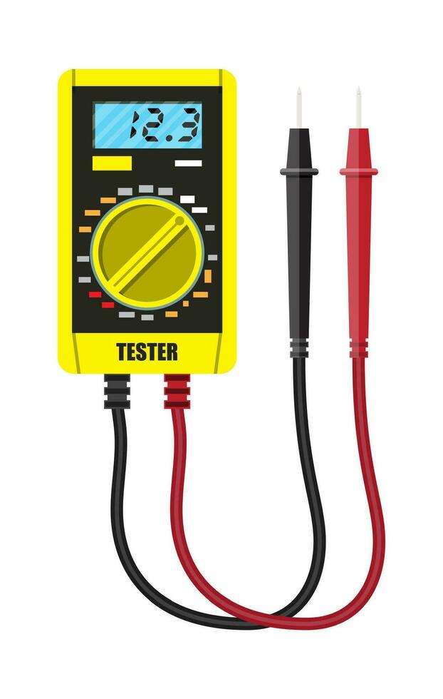 digitaal multimeter met meten doorvragen. elektrisch multitester. testen spanningen Aan elektronisch apparatuur. vector illustratie in vlak stijl