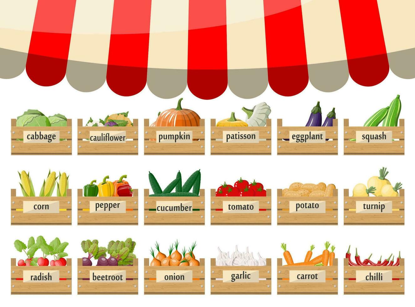 houten supermarkt dozen met groenten. markt kraam met luifel. vers biologisch voedsel producten. komkommer tomaat pompoen knoflook ui wortel maïs peper. vector illustratie in vlak stijl