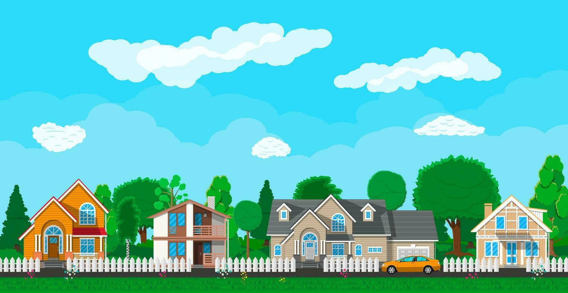 privaat buitenwijk huizen met auto, bomen, weg, lucht en wolken. dorp. vector illustratie in vlak stijl