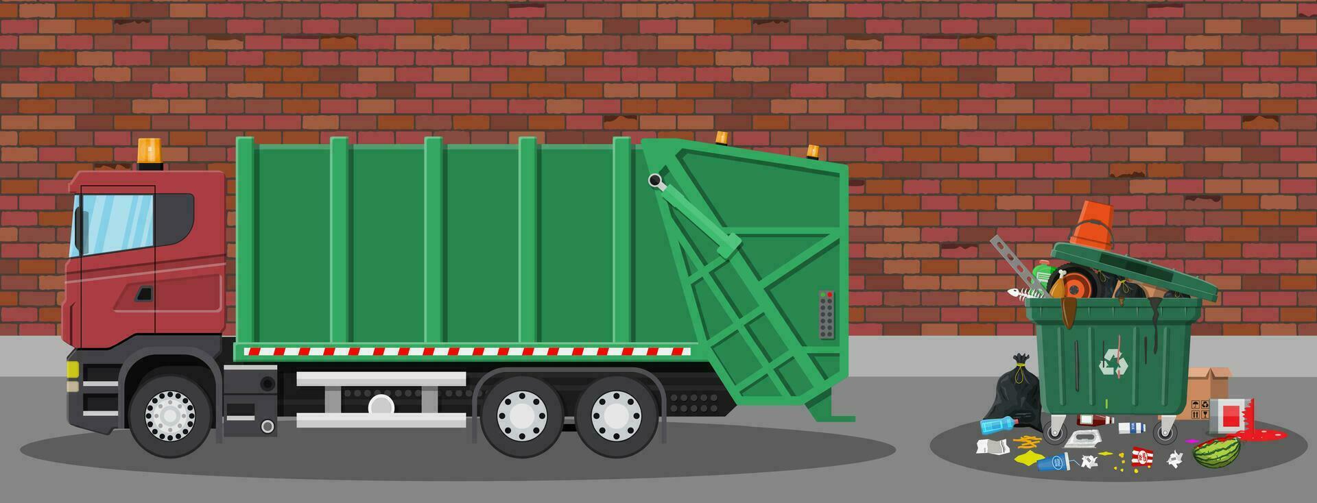 vrachtauto voor in elkaar zetten en vervoer afval. auto verspilling beschikbaarheid. kan container, zak en emmer voor afval. recycling en gebruik apparatuur. straat. vector illustratie in vlak stijl
