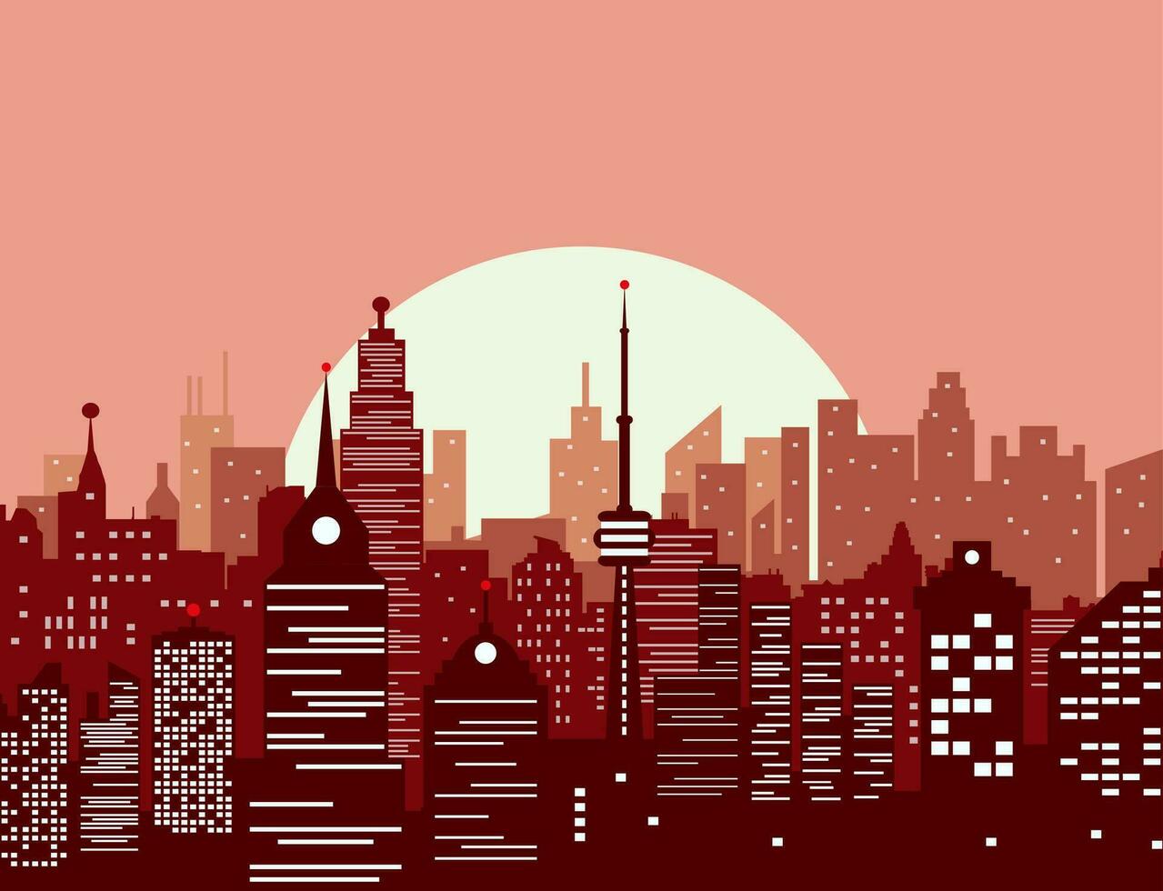 stad horizon silhouet Bij zonsondergang. wolkenkrabbers, torens, kantoor en woonachtig gebouwen. vector illustratie