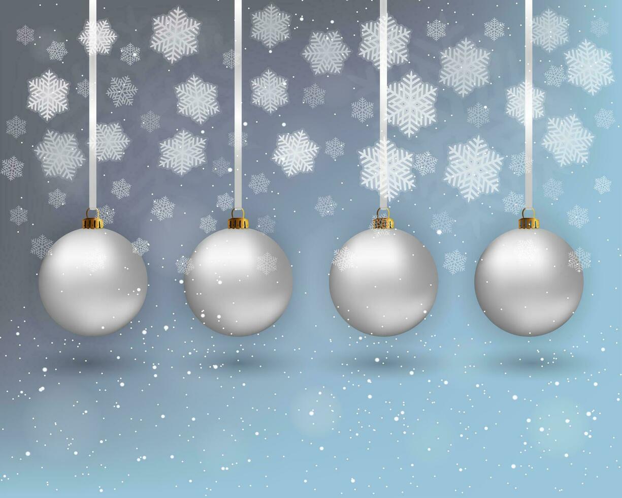 vier wit Kerstmis ballen met ribons Bij licht achtergrond met sneeuw en sneeuwvlokken. vector illustratie, sjabloon voor groet en post- kaart, Promotie