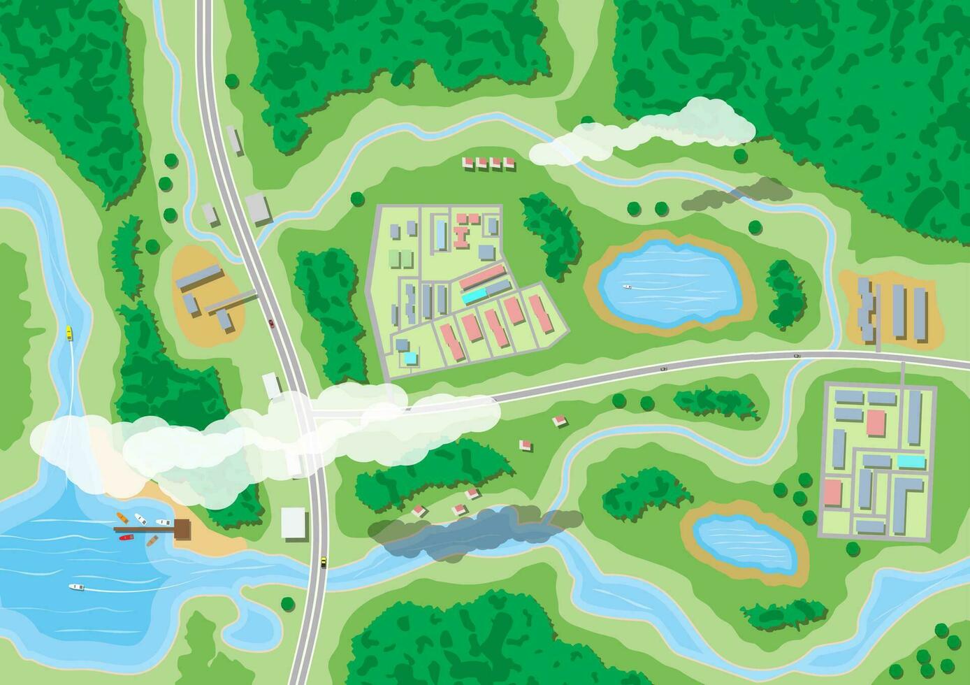 buitenwijk kaart met huizen met auto, boten, bomen, weg, rivier, Woud, meer en wolken. dorp antenne visie. vector illustratie in vlak stijl