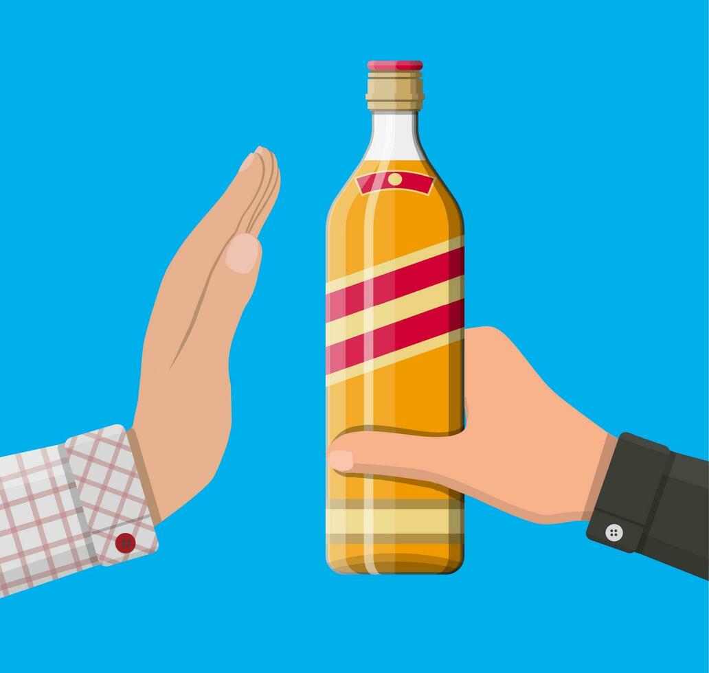 alcohol misbruik concept. hand- geeft fles van whisky naar andere hand. hou op alcoholisme. afwijzing. vector illustratie in vlak stijl.