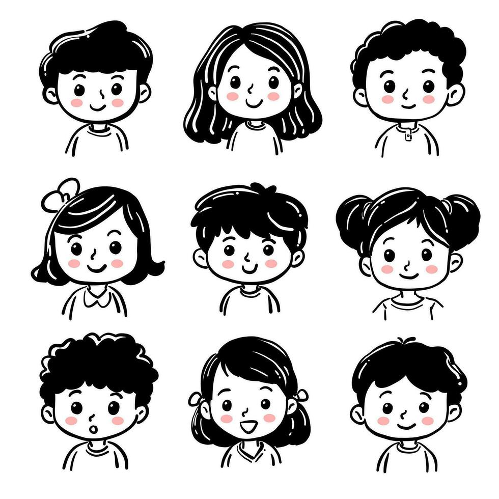 tekenfilm kinderen avatars set. schattig gezicht van jongens en meisjes met hand getekend stijl. vector illustratie