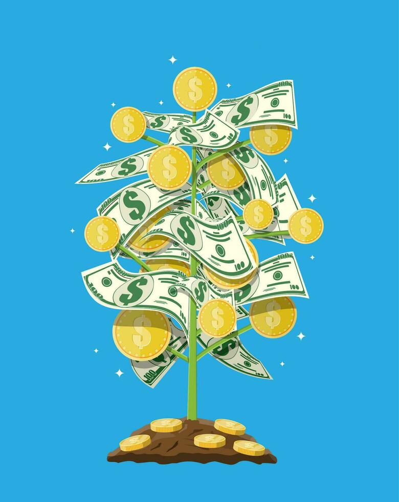 munt boom. groeit geld boom. investering, investeren. goud munten en dollar bankbiljetten Aan takken. symbool van rijkdom. bedrijf succes. vlak stijl vector illustratie.