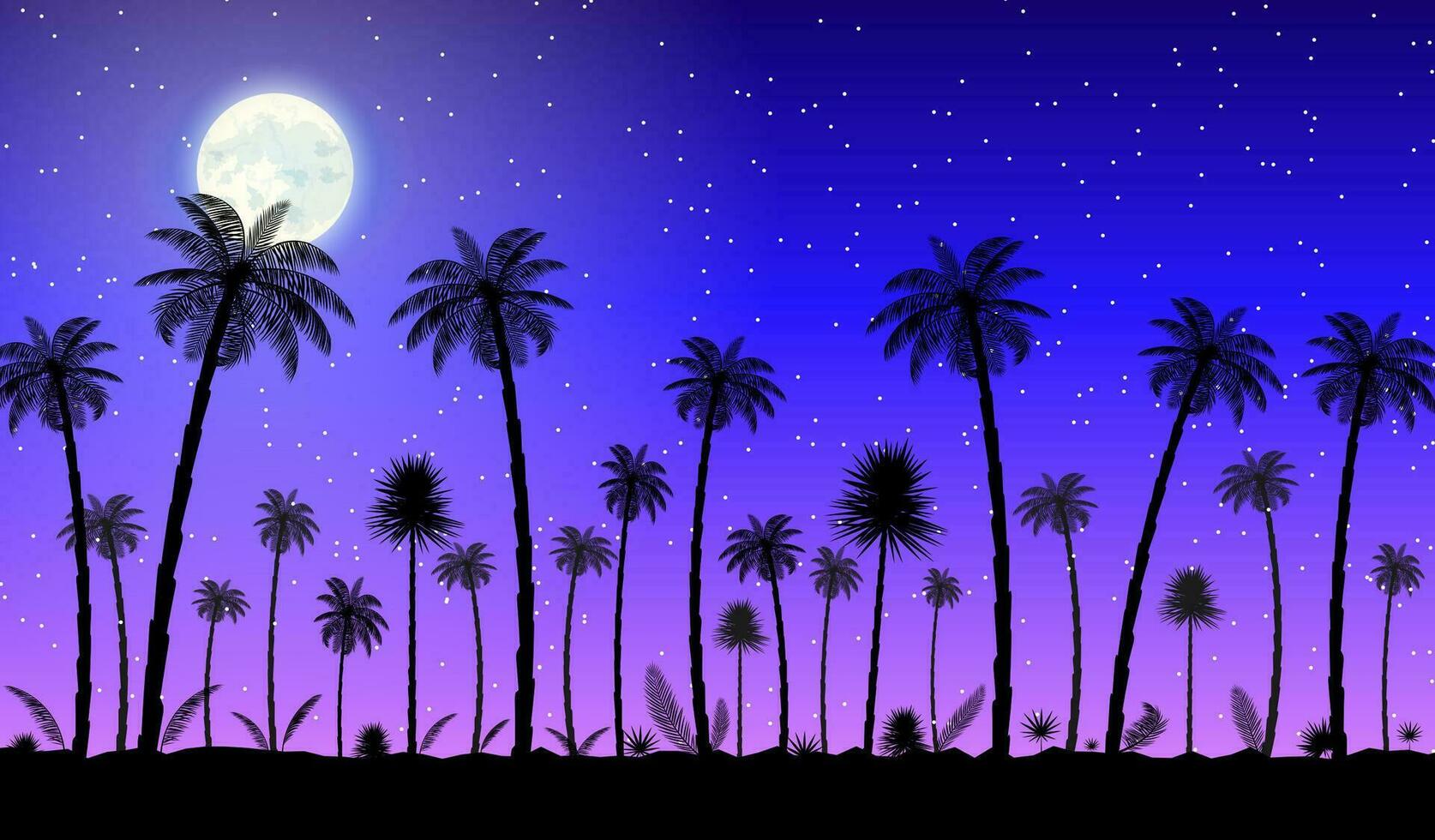 oerwoud panorama silhouet. nacht sjy met maan en sterren. kokosnoot palm, monster, ventilator palm, rapis, banaan boom. natuurlijk blad, exotisch takken boom. vector illustratie