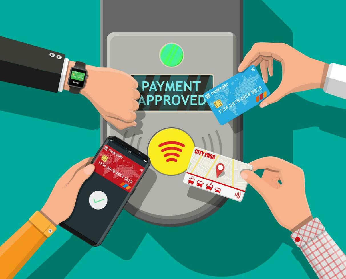 handen met vervoer kaart, smartphone, SmartWatch en bank kaart in de buurt terminal. luchthaven, metro, bus, metro ticket validator. draadloze contactloos zonder contant geld betalingen, rfid nfc. vlak vector illustratie