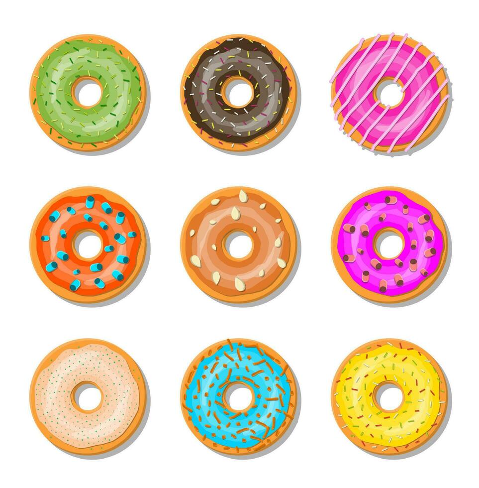 donut taart reeks geïsoleerd Aan witt achtergrond. donut in glazuur verzameling. zoet suiker glazuur. vector illustratie in vlak stijl