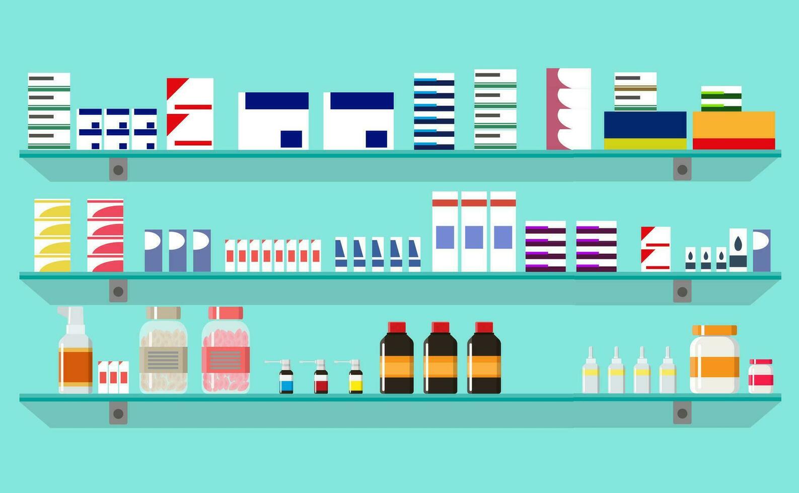 modern interieur apotheek of drogisterij. geneeskunde pillen capsules flessen vitamines en tabletten. vector illustratie in vlak stijl