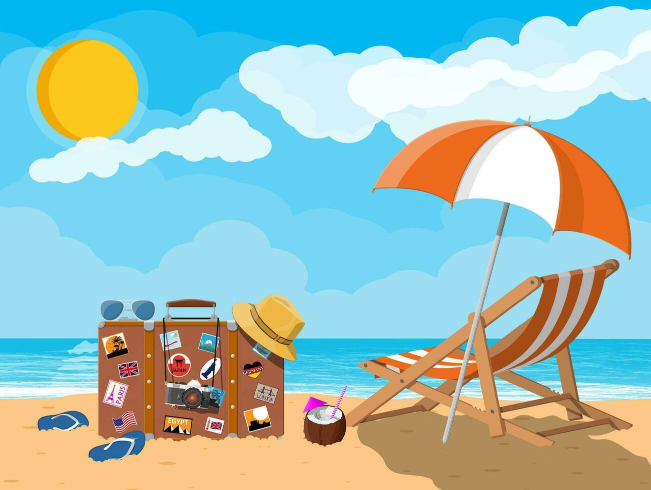 landschap van houten sjees salon, paraplu, reizen zak Aan strand. hoed, bril, kokosnoot, foto camera. zon met reflectie in water en wolken. vakantie vakantie. vector illustratie in vlak stijl
