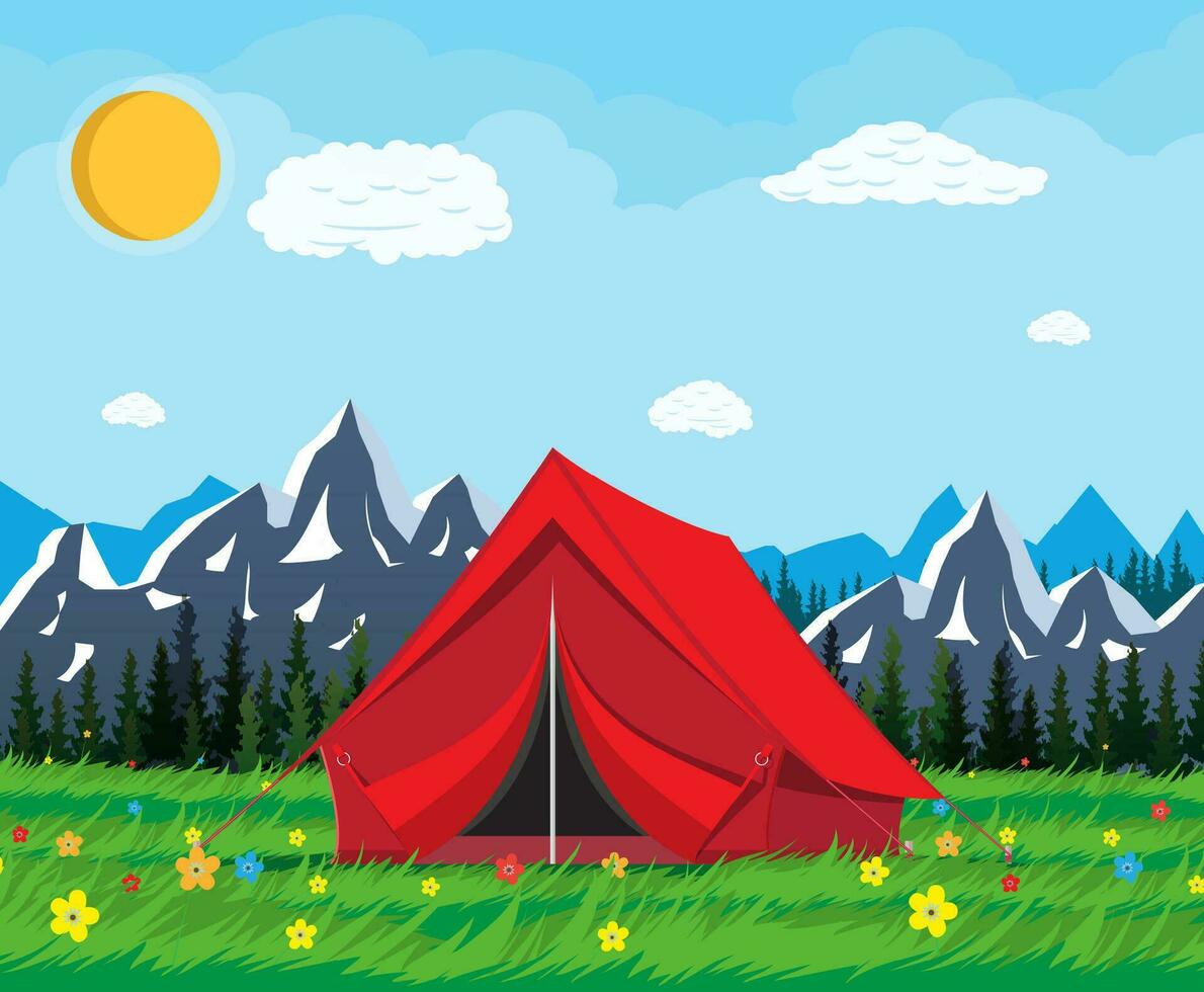 weide met gras en camping. tenten, bloemen, bergen, bomen, lucht, zon en wolken. vector illustratie in vlak stijl