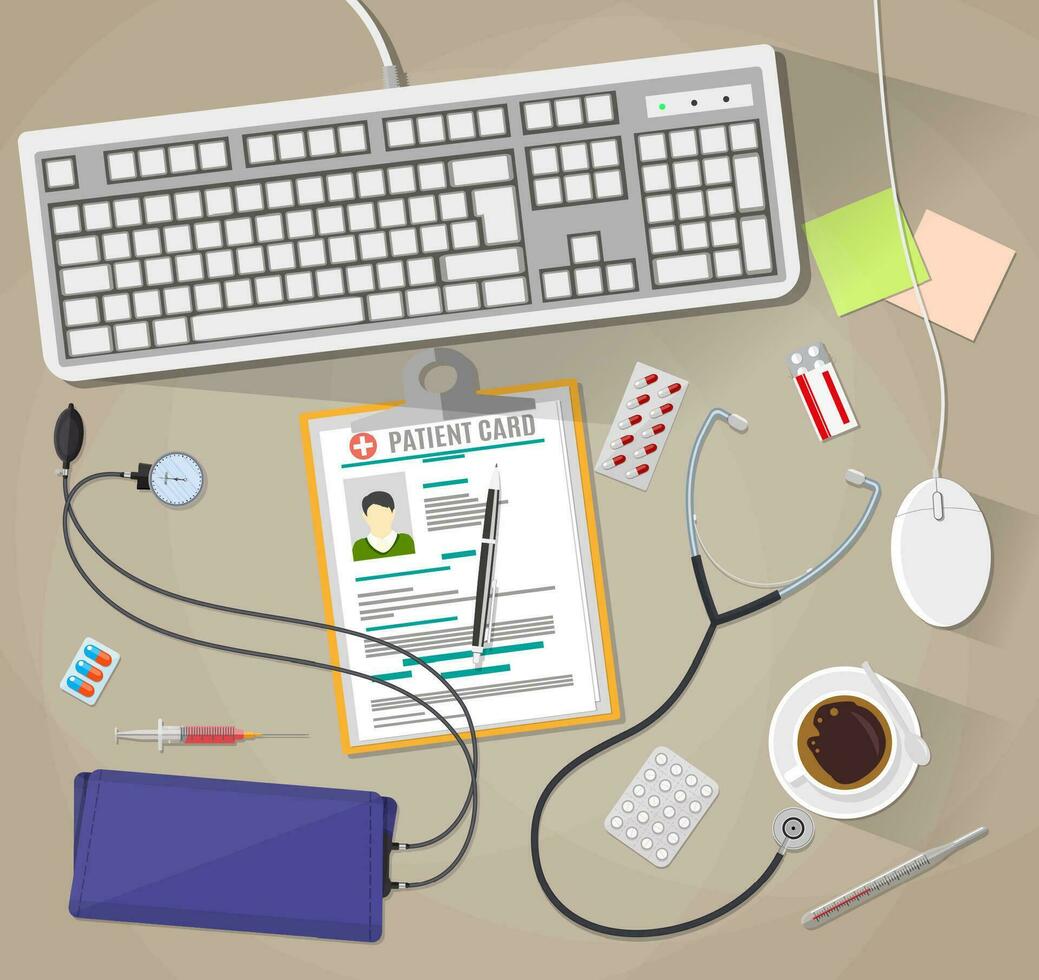 houten artsen bureau met toetsenbord en muis, medisch en gezondheidszorg apparaten en pillen. vector illustratie in vlak stijl