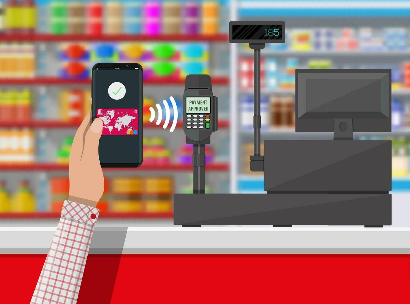 pos terminal bevestigt betaling door smartphone. supermarkt interieur. Kassa teller werkplek. schappen met producten. contant geld registreren en toetsenbord. vector illustratie in vlak stijl