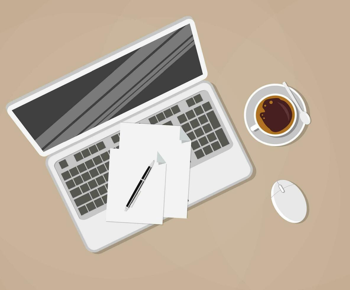 laptop en kantoor benodigdheden houdende Aan de bruin bord. pen, papieren, koffie beker, computer muis. vector illustratie in vlak ontwerp