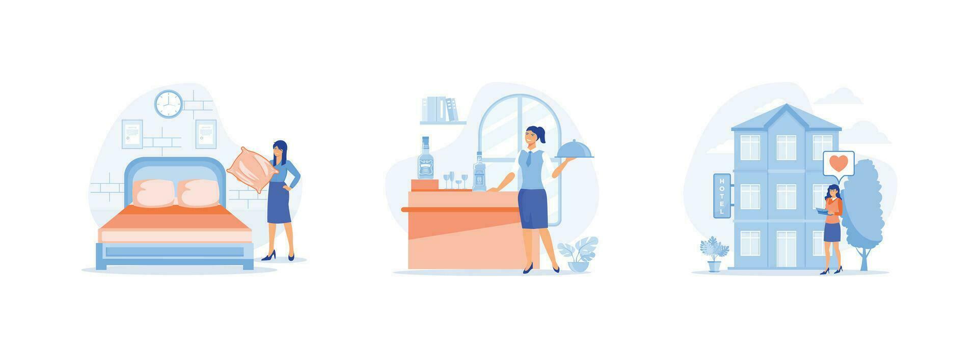 huishoudster in uniform maken bed in kamer, schoonmaak dame, kamer onderhoud, ontbijt in bed, hotel beheer, gastvrijheid bedrijf. hotel jobs reeks vlak vector modern illustratie