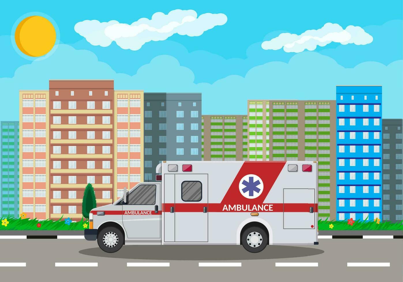 ambulance auto. noodgeval voertuig. ziekenhuis vervoer. gezondheidszorg, ziekenhuis en medisch diagnostiek. urgentie en noodgeval Diensten. stadsgezicht, gebouwen, lucht, zon. vector illustratie in vlak stijl