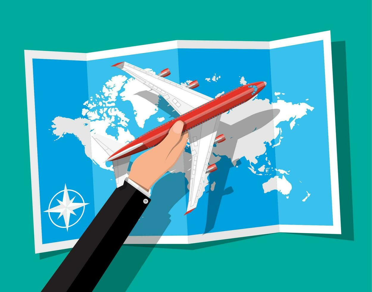 vliegtuig top visie. passagier of reclame Jet in hand. papier wereld kaart. vliegtuig in vlak stijl. reis of vakantie concept, bedrijf reis. vector illustratie