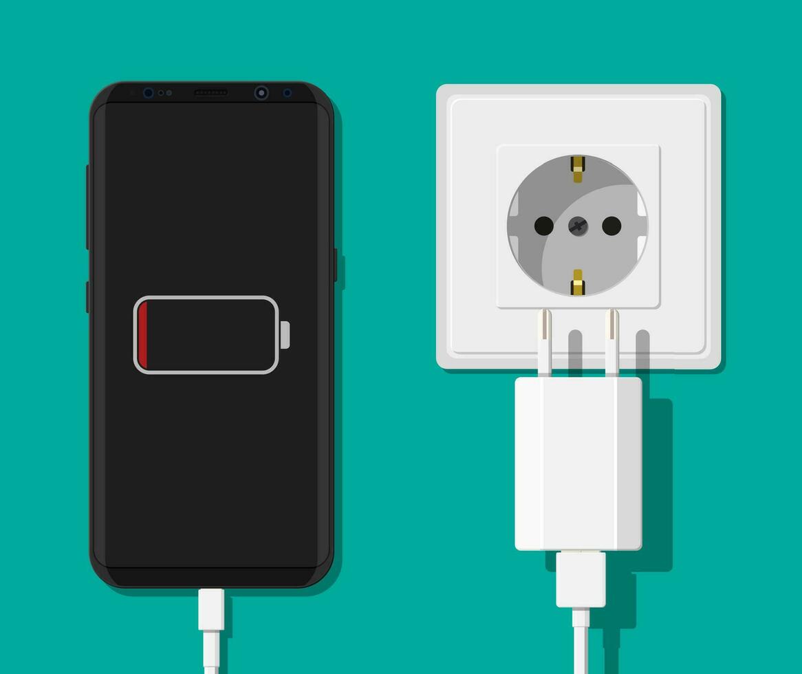 smartphone en oplader adapter. laag accu, verslaving. telefoon is opladen van muur uitlaat. vector illustratie in vlak stijl