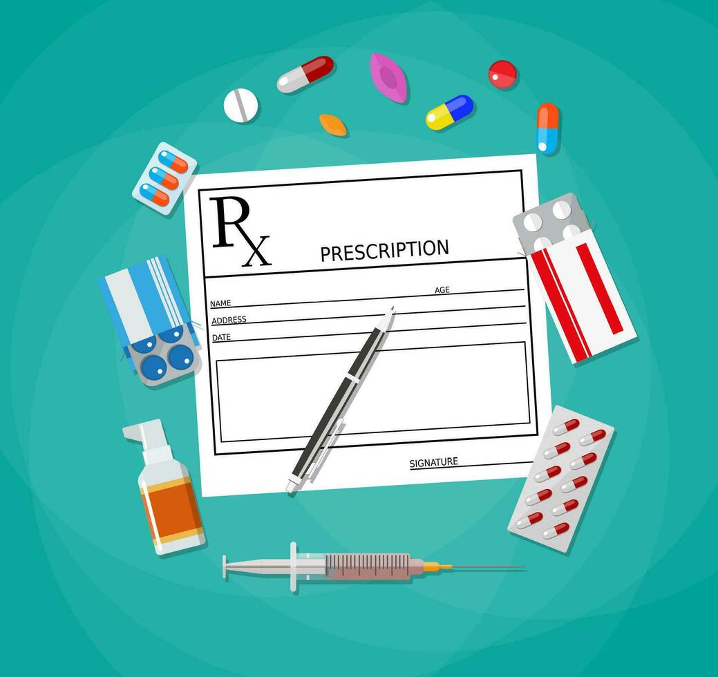 voorschrift en pen. pillen, capsules, spuit, tabletten. gezondheidszorg, ziekenhuis en medisch diagnostiek concept. vector illustratie in vlak stijl