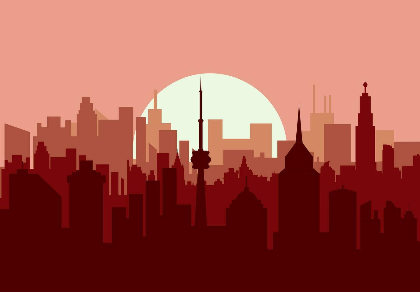 stad horizon silhouet Bij zonsondergang. wolkenkrabbers, torens, kantoor en woonachtig gebouwen. vector illustratie