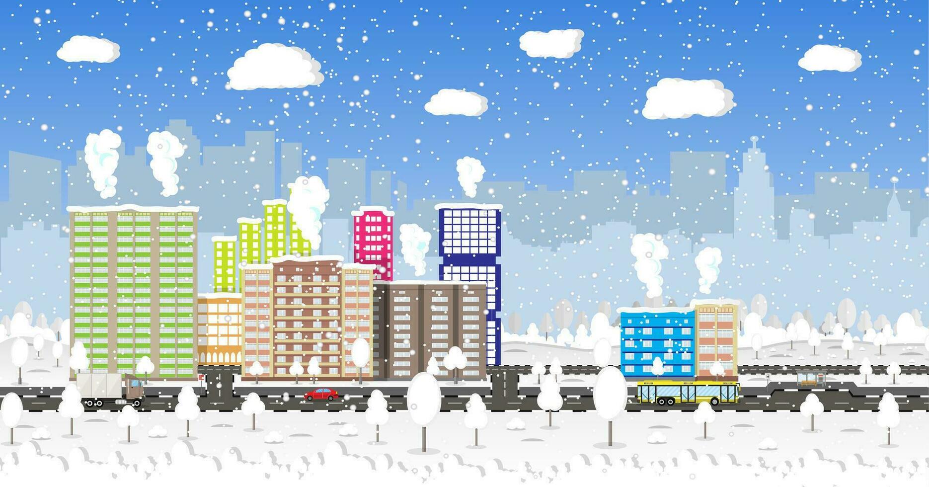 mooi winter stad met park steeg, kantoor en woonachtig gebouwen, wegen, bomen. auto. vrachtwagen. bus, vallend sneeuwvlokken. lucht. Kerstmis en nieuw jaar, winter stedelijk stadsgezicht vector illustratie