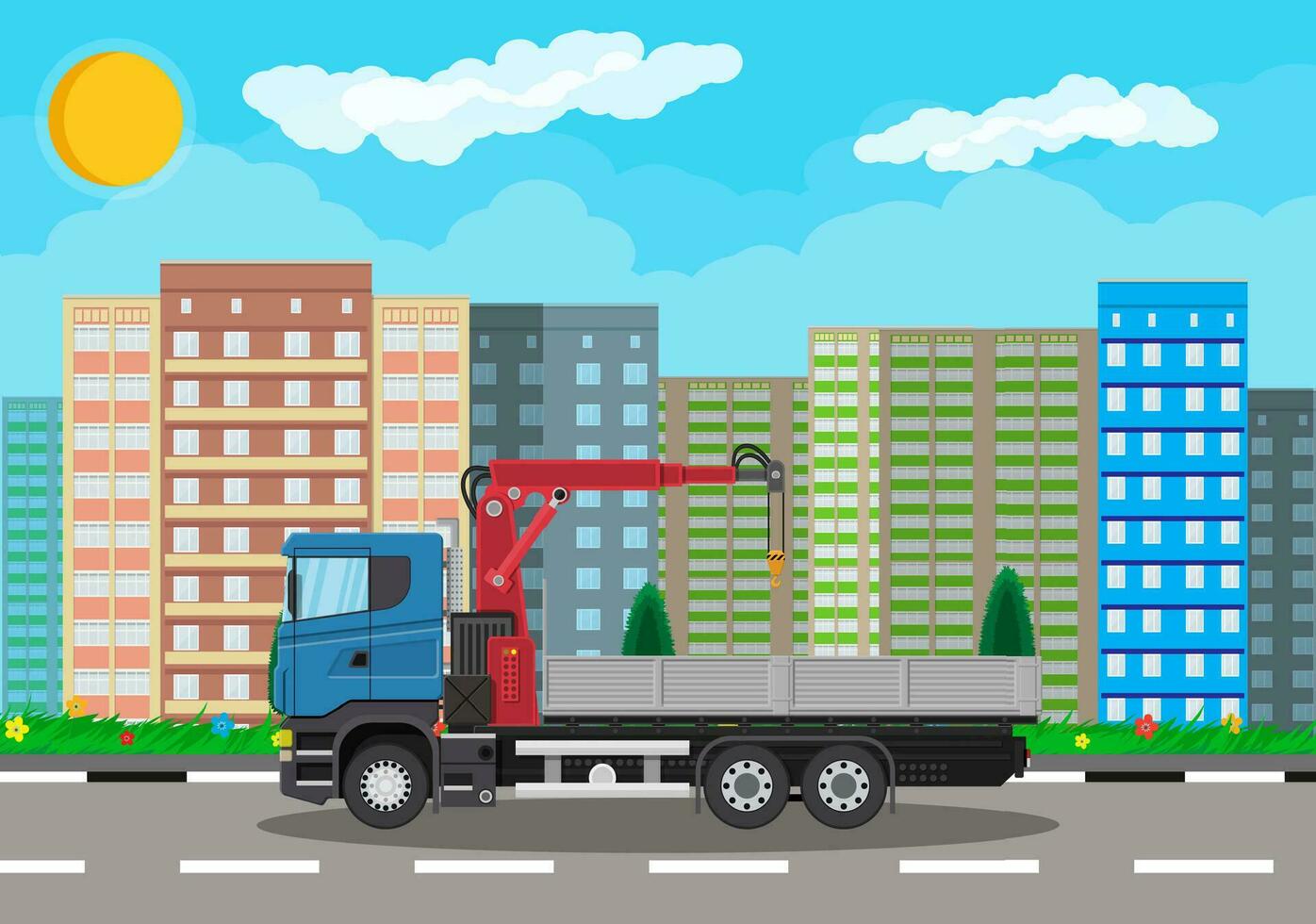 vrachtauto met kraan en platform. lading levering vrachtwagen. voertuig voor bouw en gebouw. auto voor vervoer. aanhangwagen voertuig. stadsgezicht, weg, gebouwen, boom, lucht. vector illustratie in vlak stijl