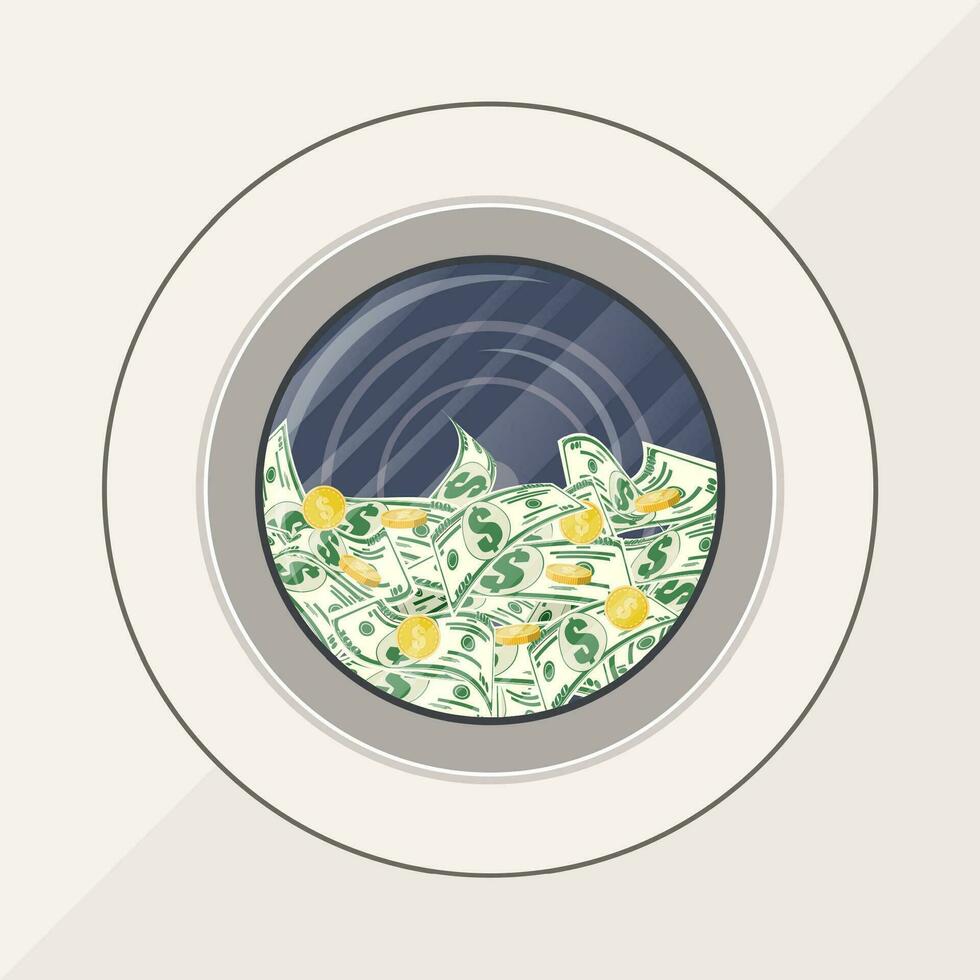 het wassen machine vol van dollars bankbiljetten. witwassen van geld in wasmachine. vuil geld. verborgen loon, salarissen zwart betalingen, belasting ontduiking, omkoping. anti corruptie. vector illustratie in vlak stijl