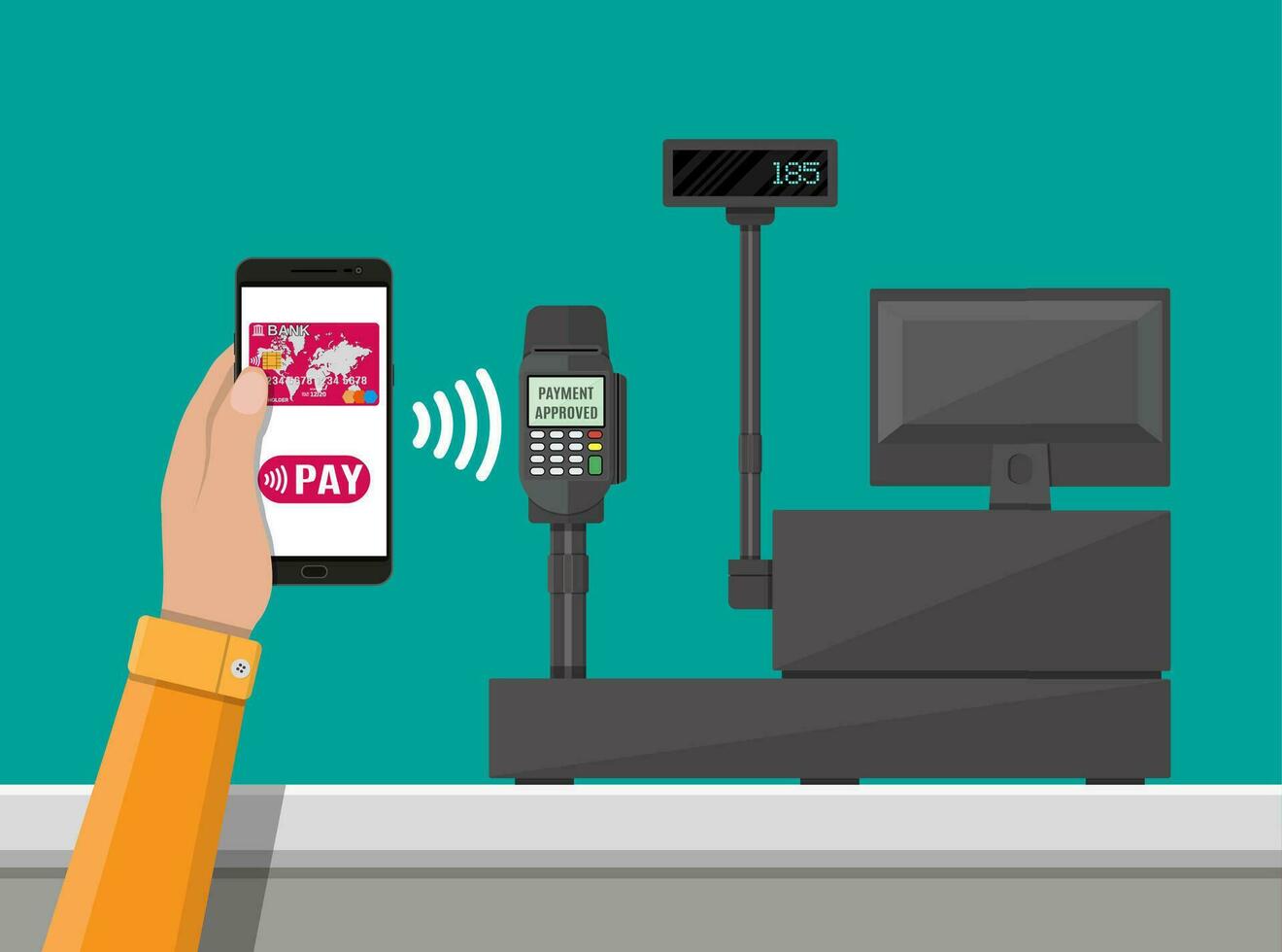 pos terminal bevestigt betaling door smartphone. supermarkt interieur. Kassa teller werkplek. contant geld registreren en toetsenbord. vector illustratie in vlak stijl