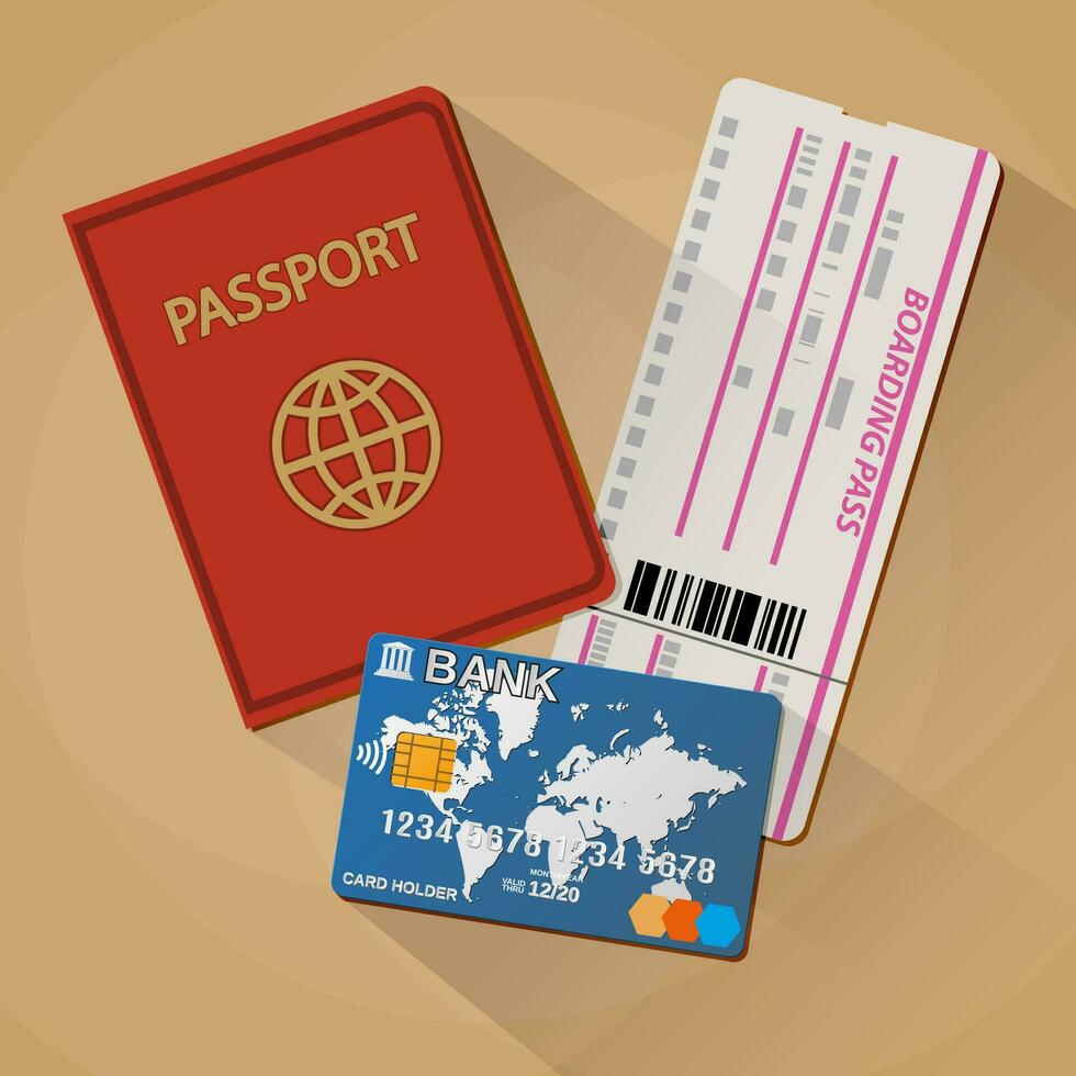 paspoort, bank kaart en instappen voorbij gaan aan ticket met schaduwen. reizen vakantie concept. vector illustratie in vlak ontwerp Aan bruin achtergrond