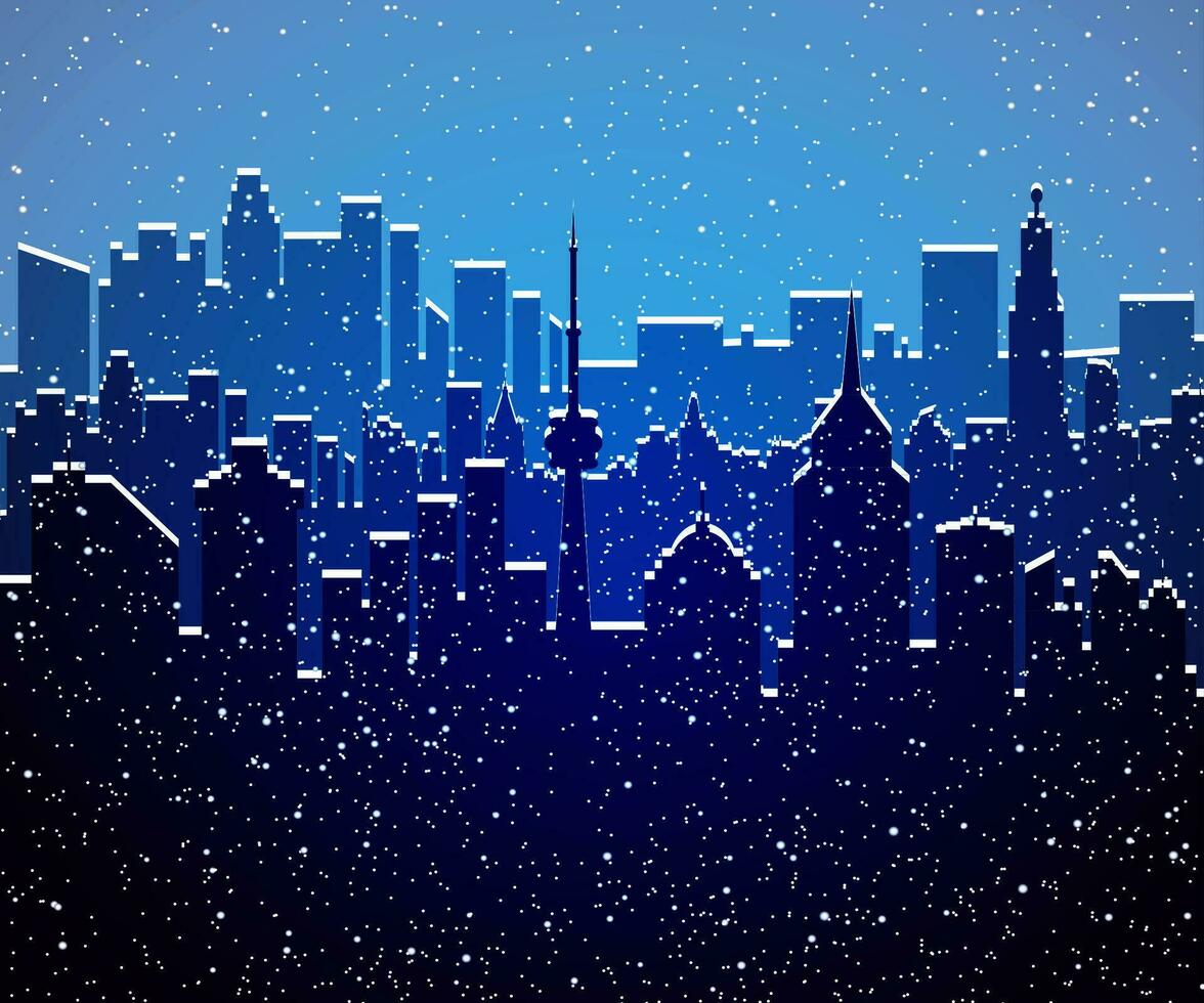 winter stad silhouet, kantoor en woonachtig gebouwen, vallend sneeuwvlokken. lucht. Kerstmis en nieuw jaar, winter stedelijk stadsgezicht vector illustratie