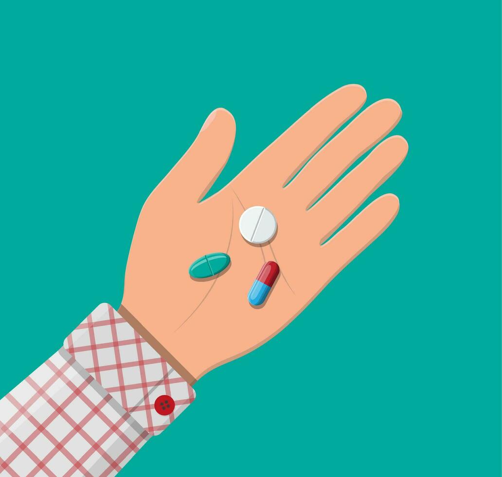 pillen voor ziekte en pijn behandeling in hand. medisch medicijn, vitamine, antibiotica. gezondheidszorg en apotheek. vector illustratie in vlak stijl