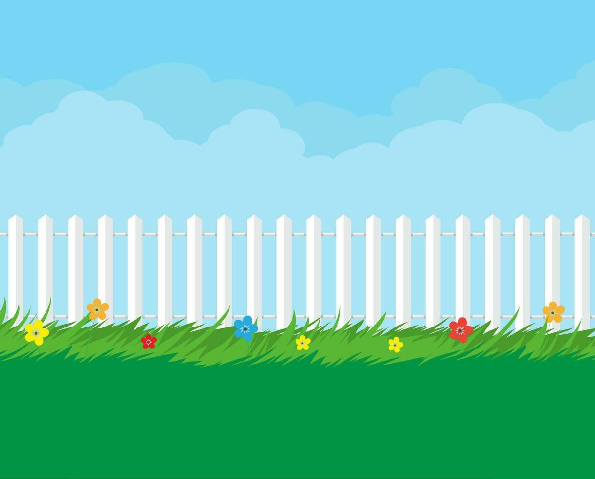 zomer natuur landschap met planten en schutting. vector illustratie in vlak stijl