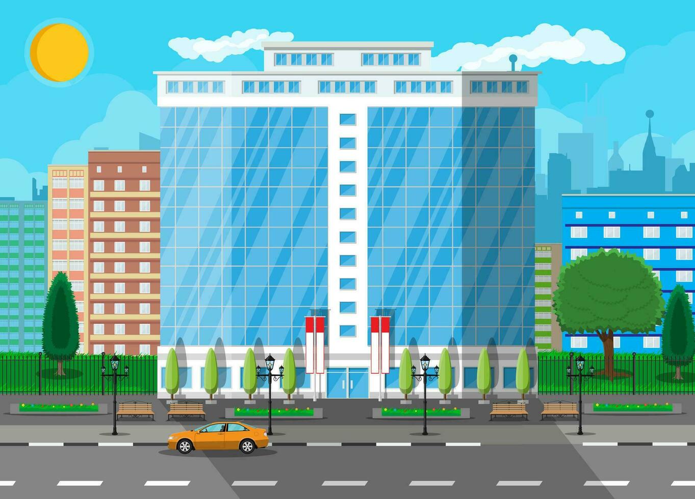 kantoor gebouw buitenkant. reclame gebouw, hotel, bedrijf centrum. wolkenkrabber modern stad huis. stadsgezicht, weg, auto, boom, zon en wolken. vector illustratie in vlak stijl