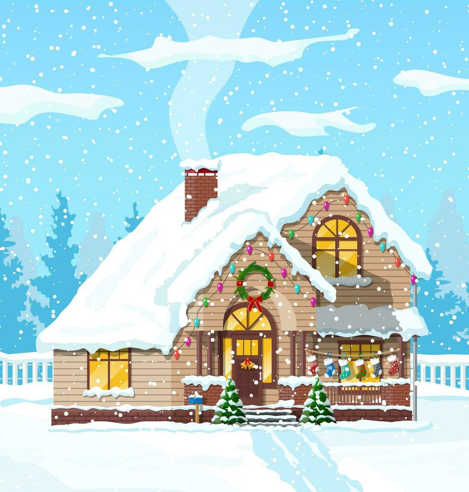 buitenwijk huis gedekt sneeuw. gebouw in vakantie ornament. Kerstmis landschap boom spar, schutting. gelukkig nieuw jaar decoratie. vrolijk Kerstmis vakantie. nieuw jaar Kerstmis viering. vector illustratie