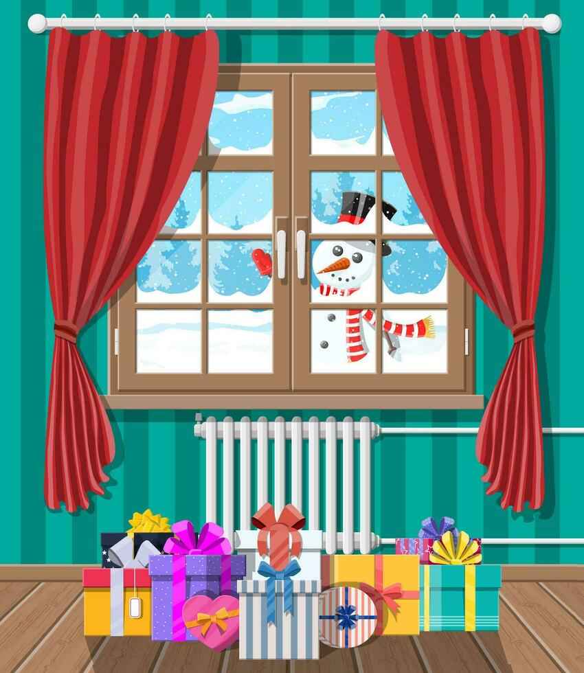 sneeuwman looks in leven kamer venster. interieur van kamer met geschenken. gelukkig nieuw jaar decoratie. vrolijk Kerstmis vakantie. nieuw jaar en Kerstmis viering. vector illustratie vlak stijl