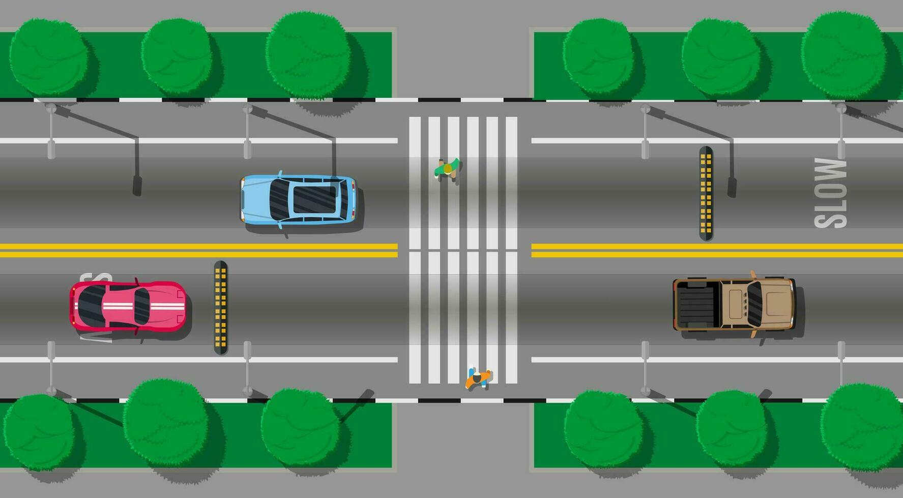 voetganger kruispunt met snelheid buil. voertuigen Aan weg. auto's aan het wachten voor mensen naar kruis de straat. verkeer voorschriften. reglement van de weg. snelweg top visie. vector illustratie in vlak stijl