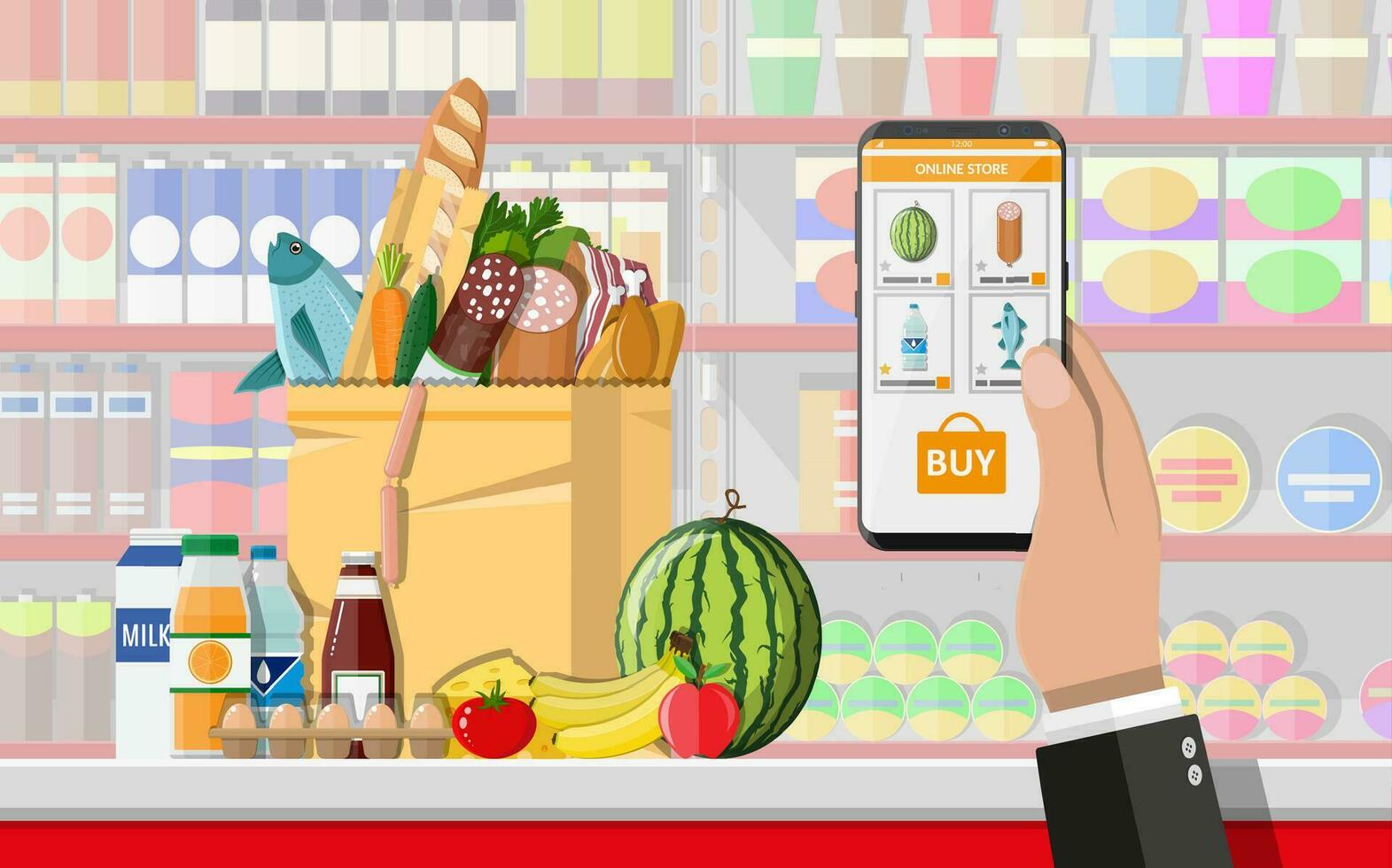 hand- Holding smartphone met boodschappen doen app. kruidenier levering. internet bestellen. online supermarkt. interieur op te slaan binnen. drankjes, voedsel, fruit, zuivel producten. vector illustratie in vlak stijl