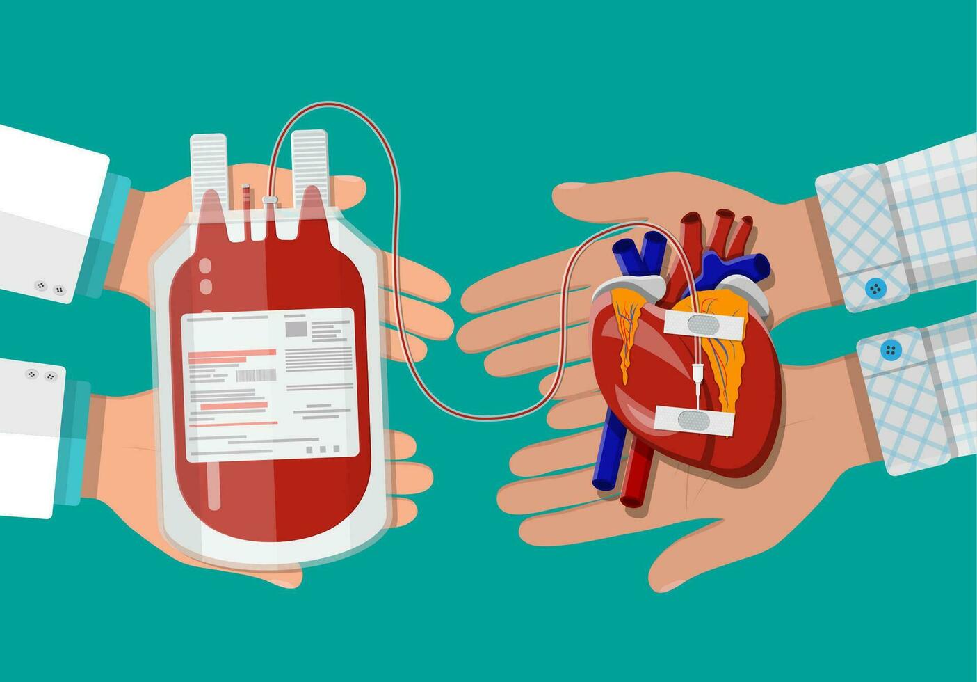 bloed zak en hand- van schenker met hart. bloed bijdrage dag concept. menselijk doneert bloed. vector illustratie in vlak stijl.