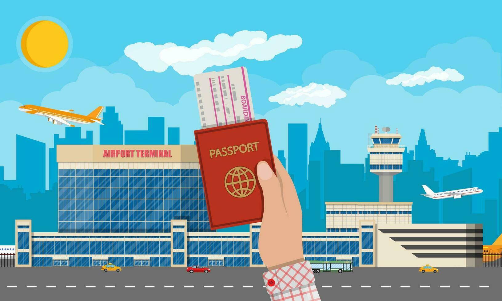 Internationale luchthaven concept. hand- met ticket en paspoort. lucht met wolken en zon. luchthaven terminal met weg, taxi taxi, bus en vliegtuigen. stadsgezicht. vector illustratie in vlak stijl
